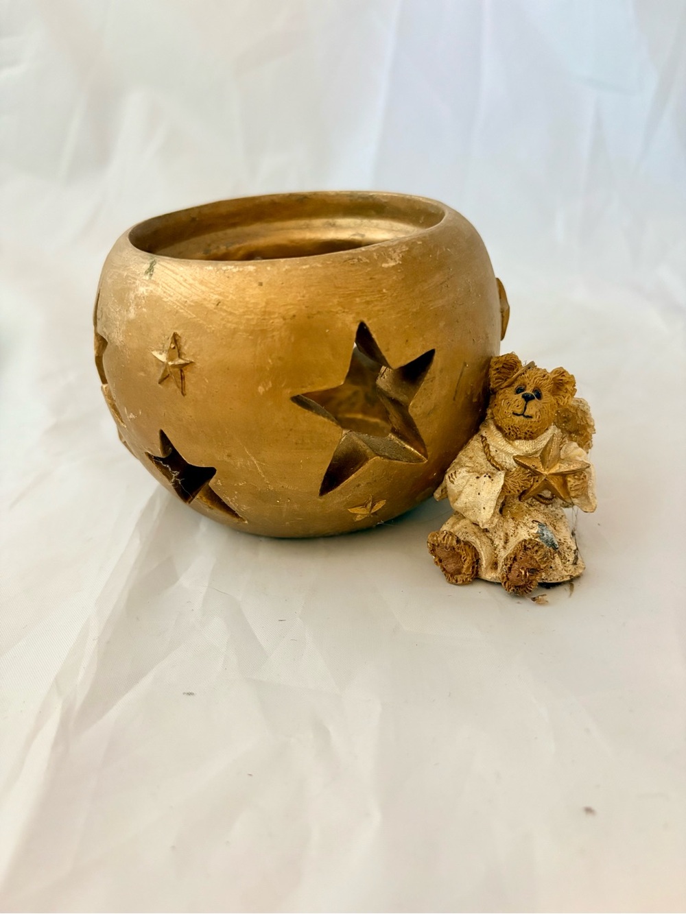 Boyds Bears Gold Star Tealight Holder with Teddy Figurine